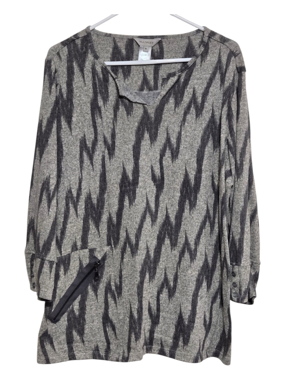 Multiples Gray Patterned Long Sleeve Tunic Top
